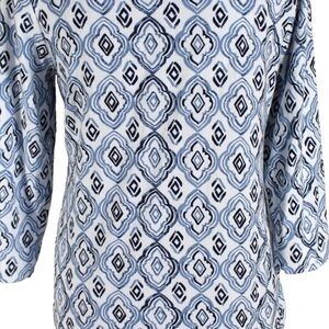 Chico's Blue and White Boxy Blouse with Three-Quarter Sleeves